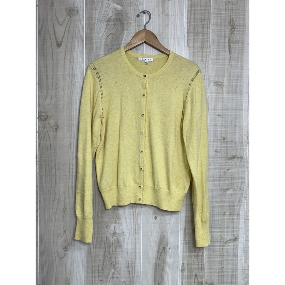 CAbi Cardigan Sweater Yellow Speckled Lace Trim Accent 100% Cotton L Coquette